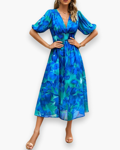 Damen Elegantes Blumendruck Midikleid | Midi Sommer Kleid