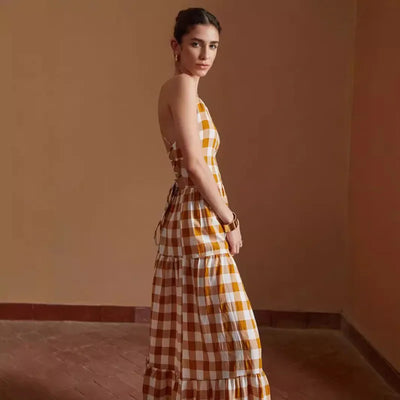 Daphne - Lässiges gebundenes Kleid kariert rückenfrei