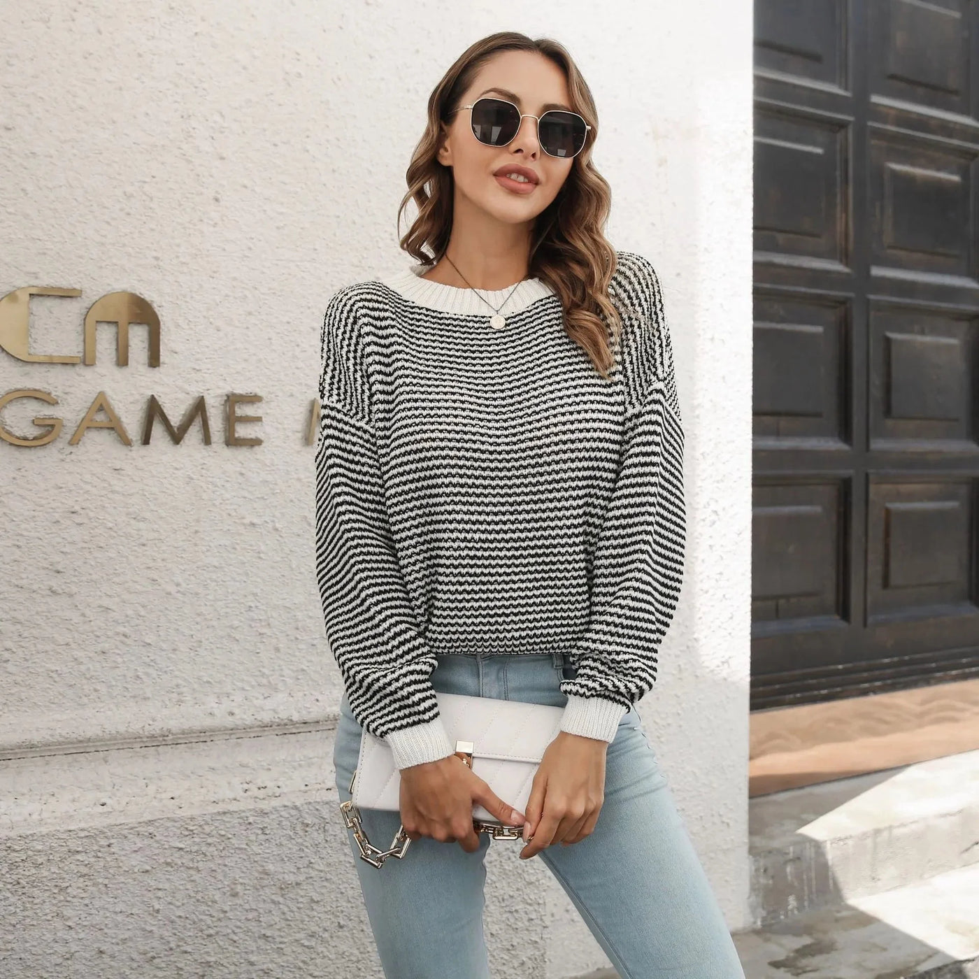 Gestrickter Pullover mit Kontrastmuster trendig und warm für Frauen