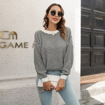 Gestrickter Pullover mit Kontrastmuster trendig und warm für Frauen