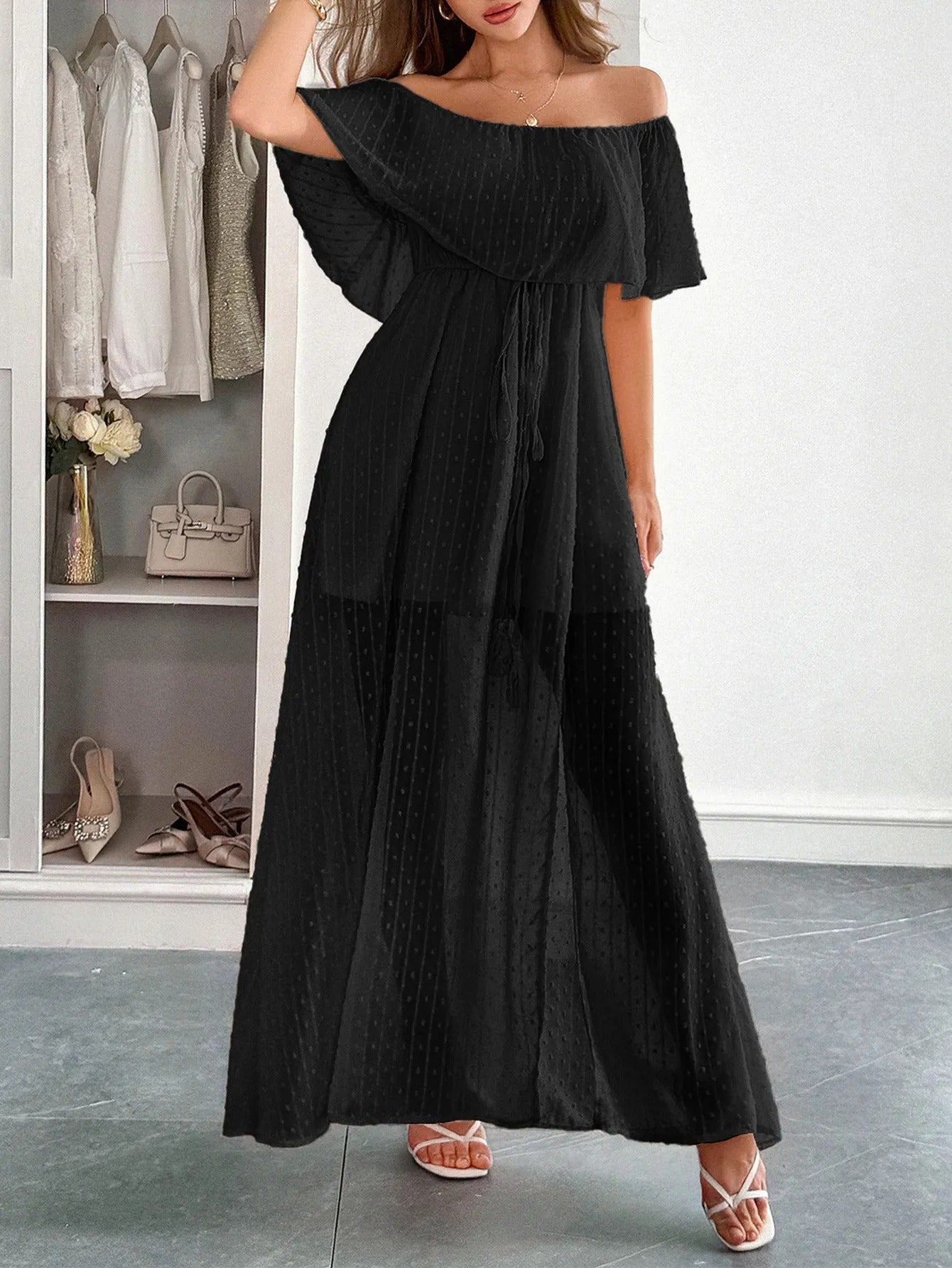 Langes Damen Kleid Plumeti Chiffon Bardot Ausschnitt - Julieta