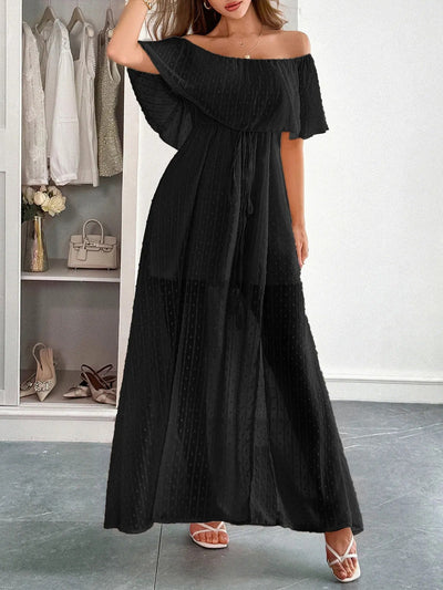 Langes Damen Kleid Plumeti Chiffon Bardot Ausschnitt - Julieta