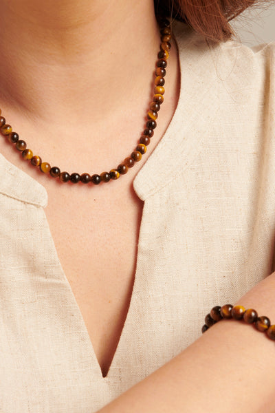 Tigerauge Quarz Perlenkette mit Natursteinakzenten Für Frauen