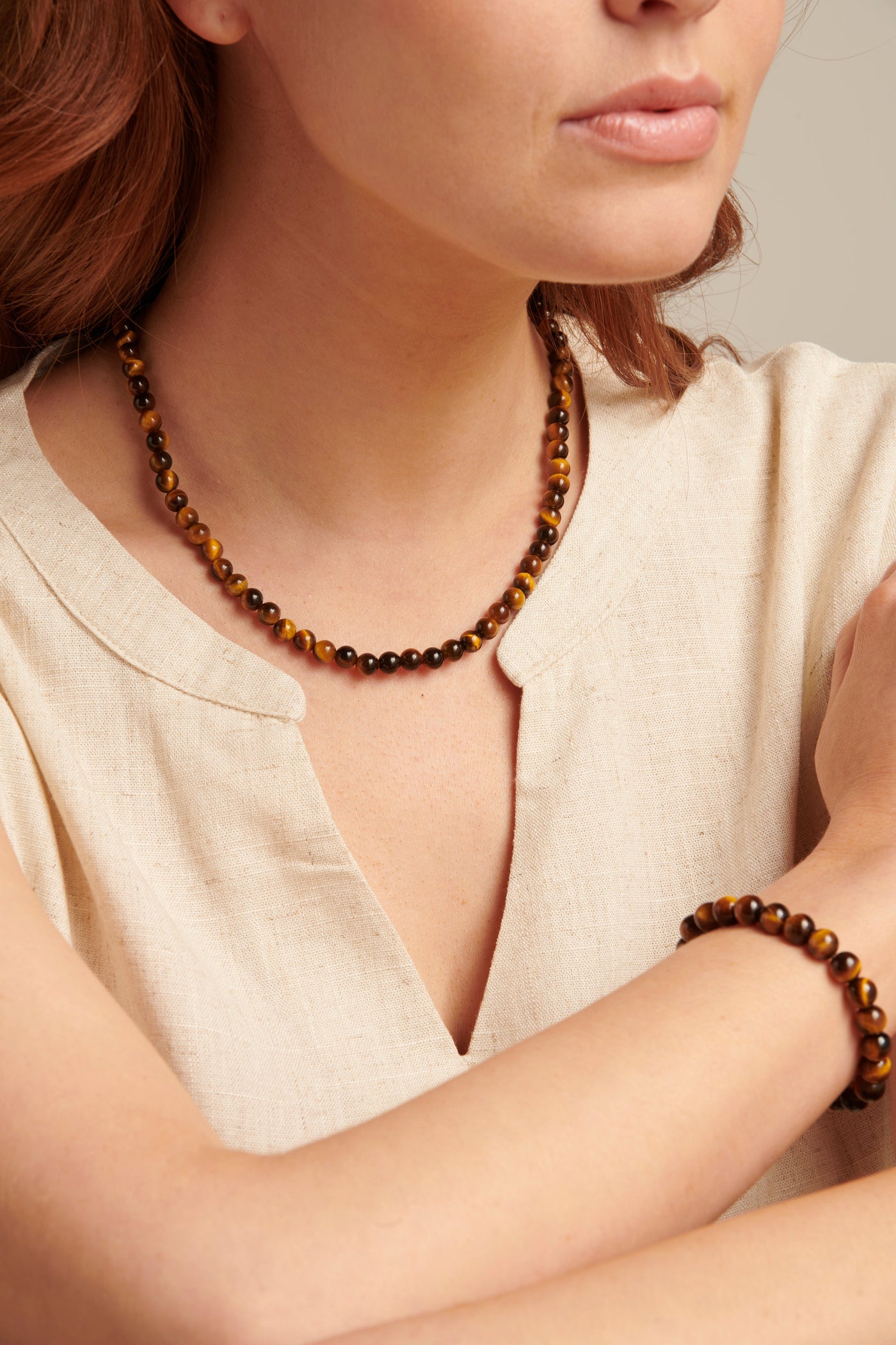 Tigerauge Quarz Perlenkette mit Natursteinakzenten Für Frauen