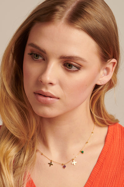 Blumenförmige Quarz Anhänger Halskette aus Edelstahl mit Goldfinish Für Frauen