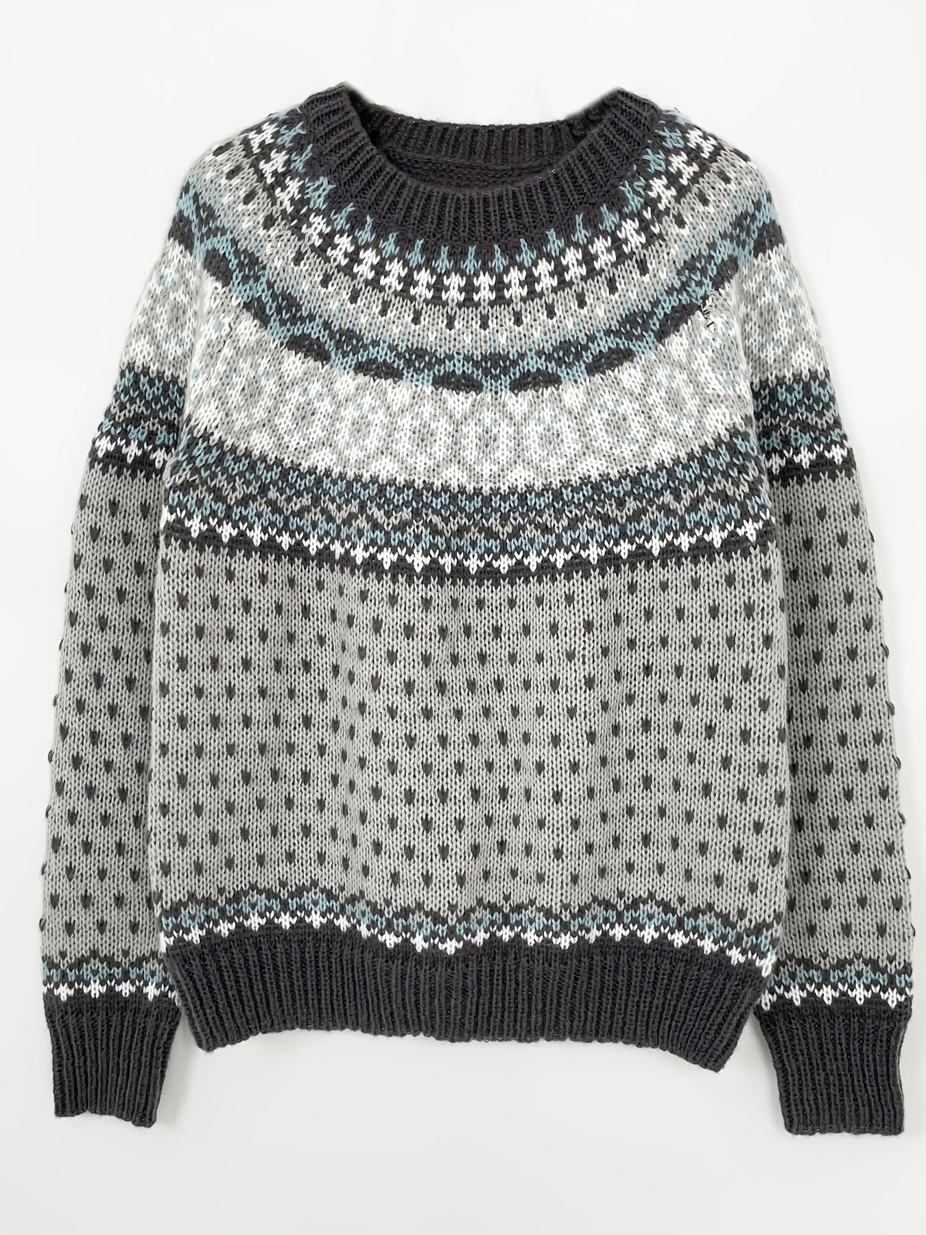 Norweger Grobstrickpullover | Langarm mit Retro Geometrischem Muster