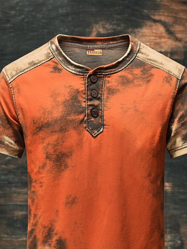 Herren T-Hemdim Vintage Stil Mit Henley Drucken Und Kurzen Ärmeln
