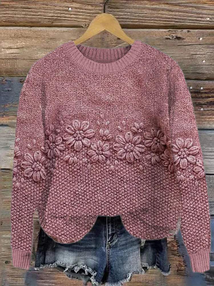 Rosa Rundhals-Pullover mit Blumenmuster für Frauen