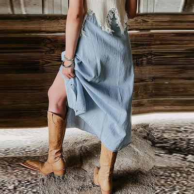 Langer Damenrock mit Knöpfen aus blauem Denim - Mairena