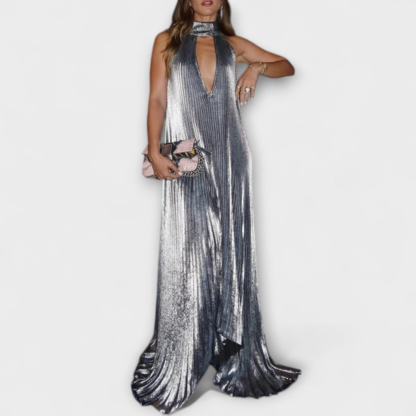 Calliope - Metallic Plissé A-Linien Maxikleid