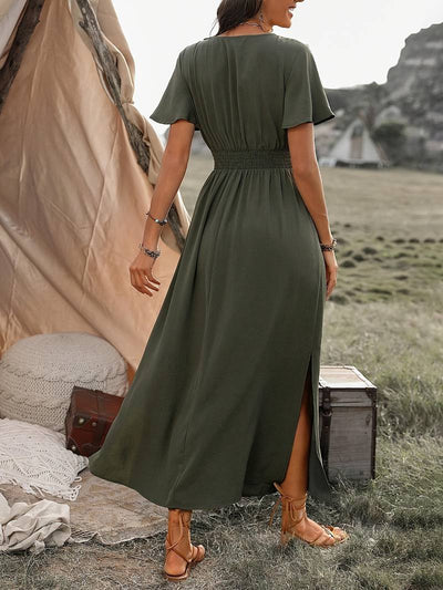 V-Ausschnitt Maxikleid mit Gesmokter Taille für Damen