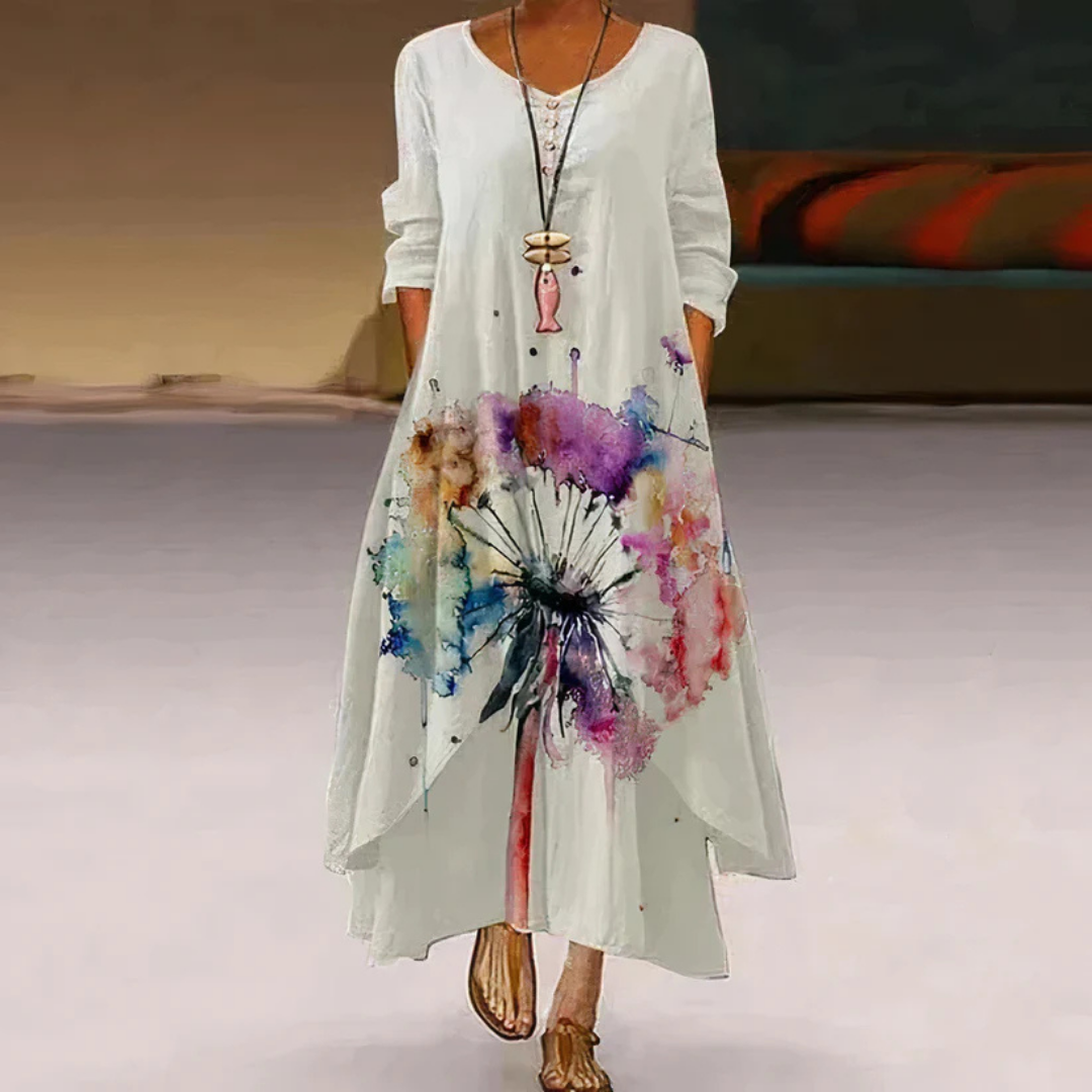 Dorothea - Damen Sommer Doppellagiges Langarm Bedrucktes Kleid