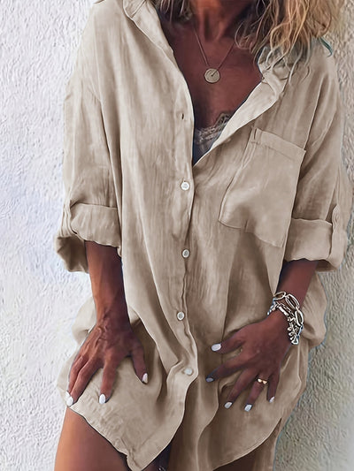 Beige Bluse Leinenoptik – V-Ausschnitt Langarm Knopfleiste, Brusttasche