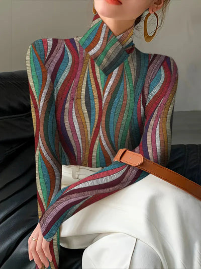 Langärmliges Oberteil mit Stehkragen und buntem Muster für Frauen
