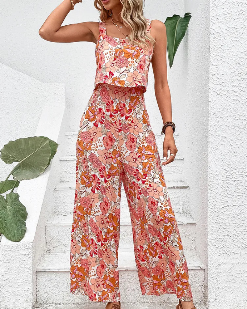 Damen Geblümter Ärmelloser Jumpsuit | Weites Bein