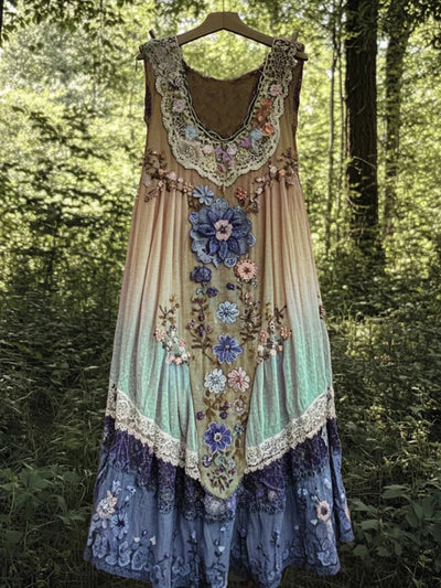 Evabella – Flickwerk-Kunst-Leinen-Tank Kleid