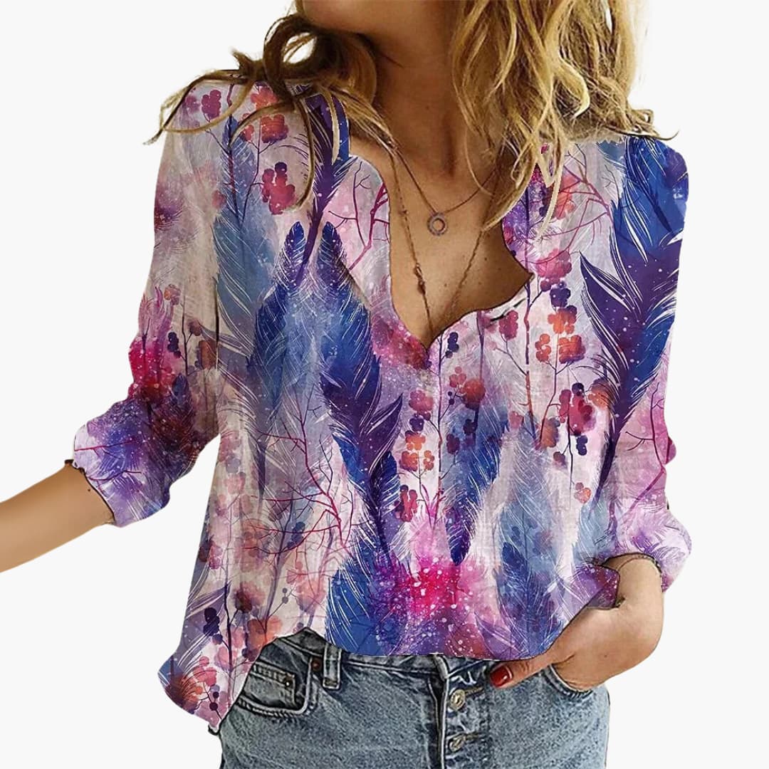 Kunstvoll bedruckte V-Ausschnitt Bluse - Damen Freizeitlook