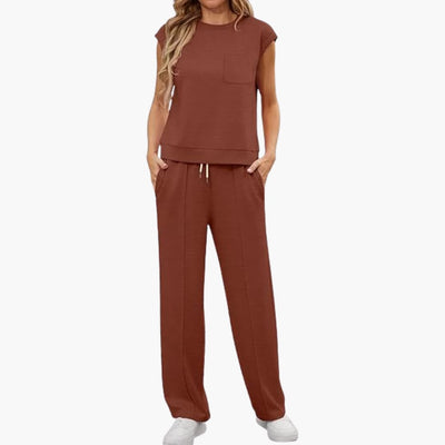 Zweiteiliges Sommer Set für Damen mit Kappärmeln und Taschen