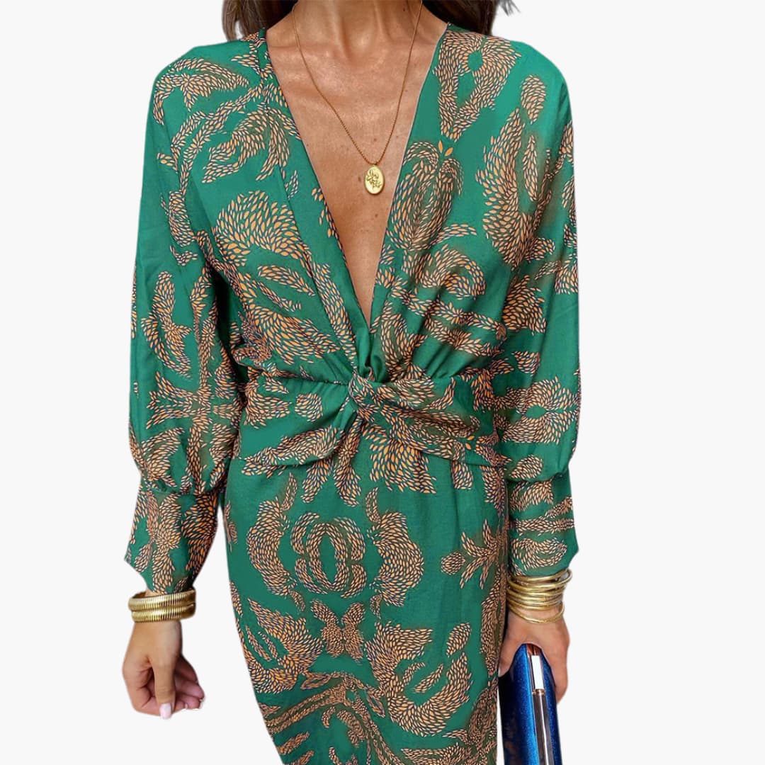 Midikleid für Damen - Blumenmuster, Langarm & V-Ausschnitt