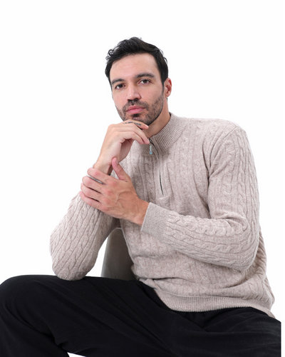 Roman | Chunky knit Herren Chasmere Pullover mit Kabelstrickmuster & Halb Reißverschluss Kragen