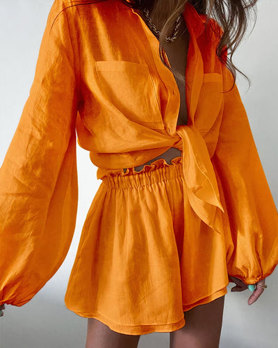 Damen Sommer-Leinenhemd und Shorts-Set mit Elastischem Bund