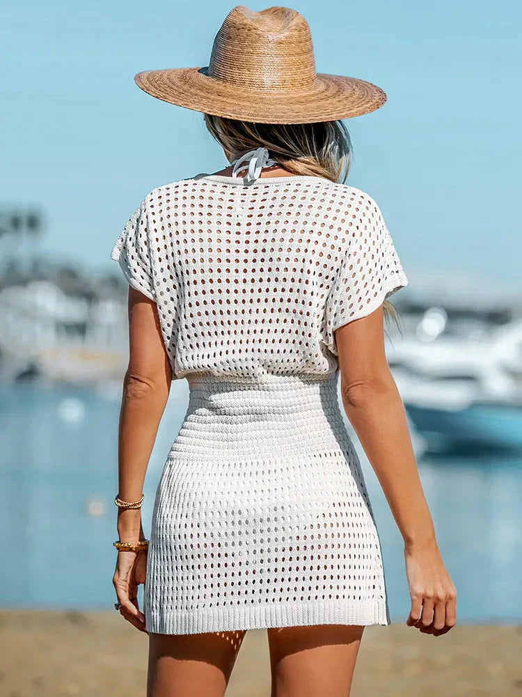 Damen Strandkleid Häkel Maxi V-Ausschnitt Sommer Boho