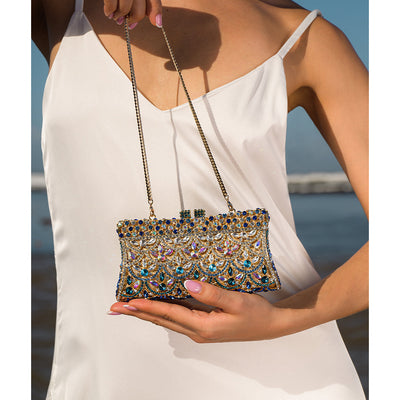 Aubrielle | Kristallverzierte Clutch in Gold-Blau mit funkelndem Strass & Ornamentmuster – Abendtasche für Damen