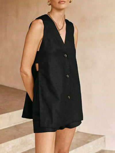 Silvia - Ärmellose Weste mit V-Ausschnitt und hochtaillierte Shorts im Set