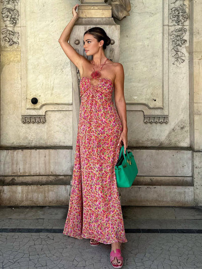 Emine - Boho Floral Print Rosetten Dekor Halter Langes Kleid