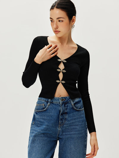 Taillierte Strickweste mit Strassverschluss luxuriöser Strick für Frauen