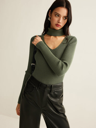 Geripptes Top mit Choker Detail und Stretch Strick für Frauen