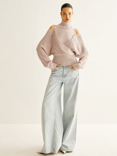 Gestrickter Lagenpullover mit Off Shoulder und Rollkragen für Frauen