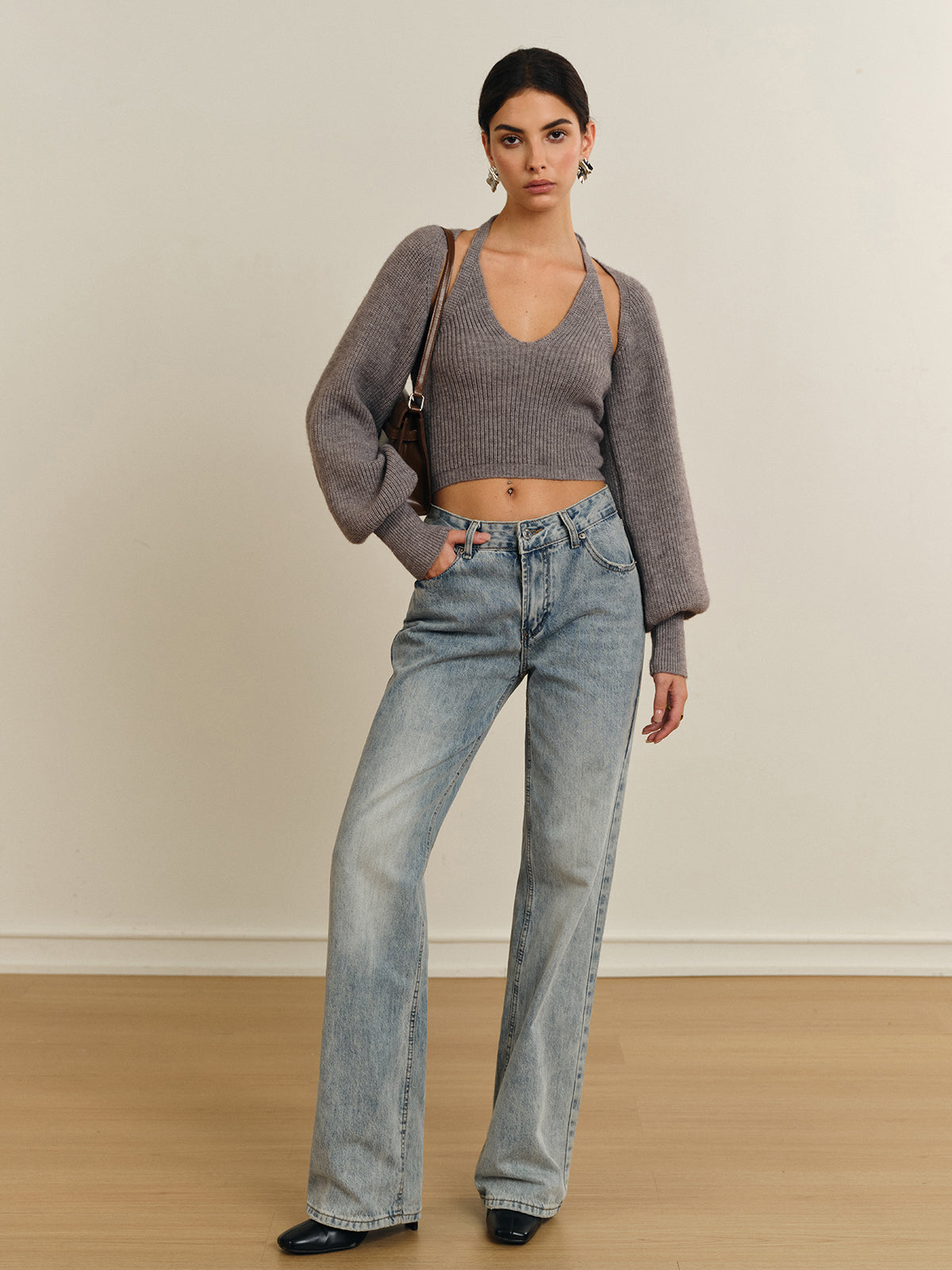 Gestricktes Neckholder Top mit abnehmbaren Ärmeln für Frauen