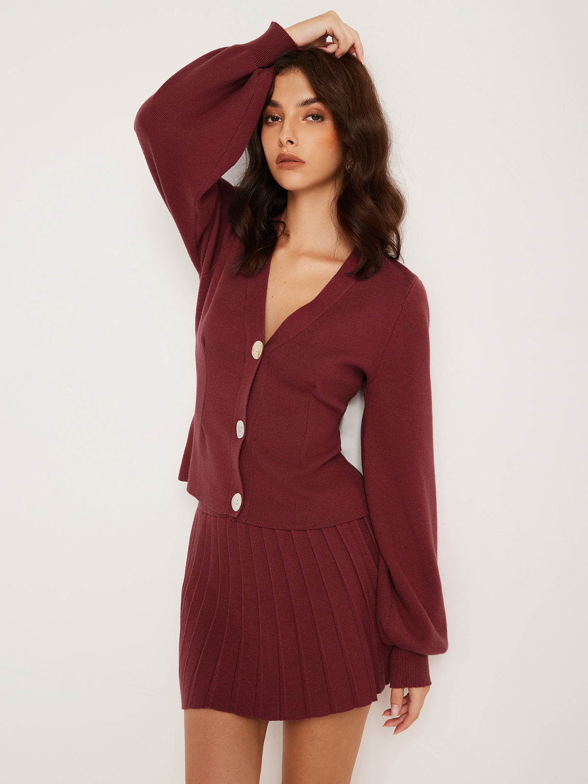 Strick Set mit Knopf Cardigan und Faltenrock für Frauen