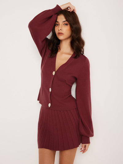 Strick Set mit Knopf Cardigan und Faltenrock für Frauen