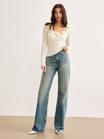 Stricktop mit 3D Blumen romantisch & elegant für Frauen