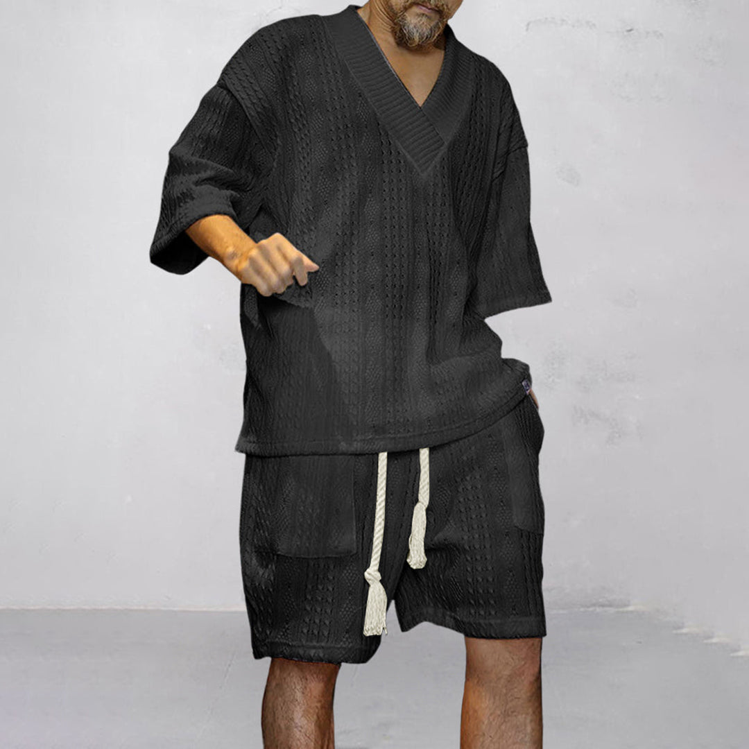 V-Ausschnitt Strick Shirt und Shorts Set für Herren