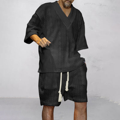 V-Ausschnitt Strick Shirt und Shorts Set für Herren