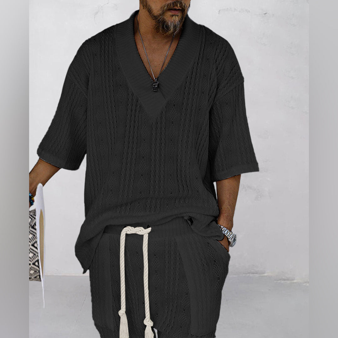 V-Ausschnitt Strick Shirt und Shorts Set für Herren