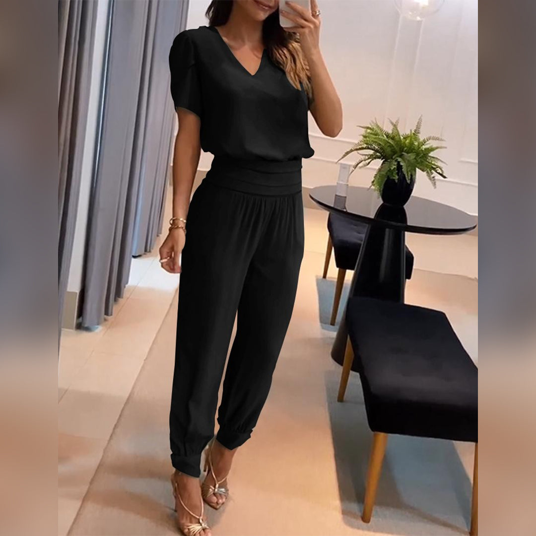 Kurzarm V-Ausschnitt Jumpsuit für Damen