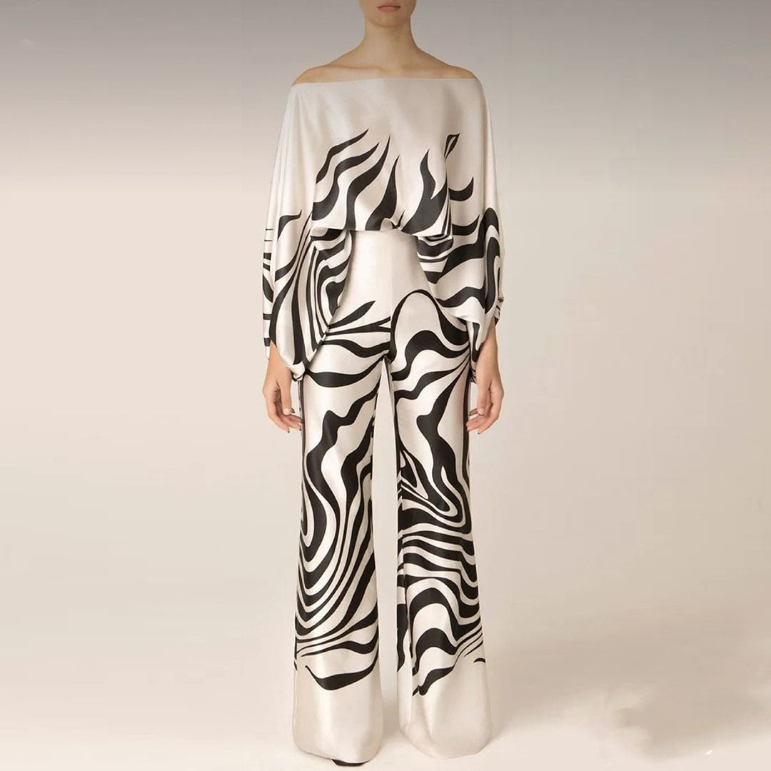 Elegantes Damen Zweiteiliges Satin-Set – Off-Shoulder Top & Weite Hose