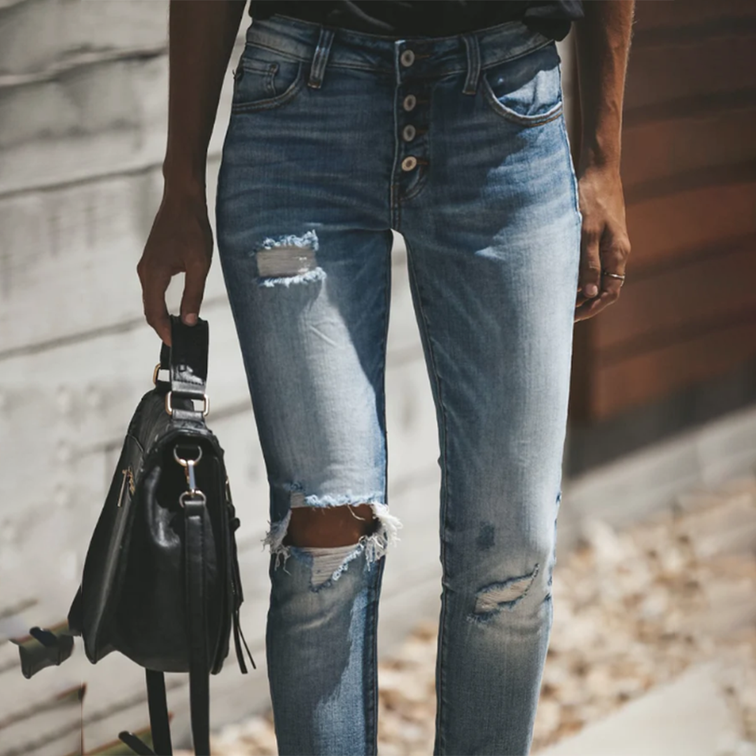 Damen Zerissene Skinny-Jeans mit Folded Saum für Alle Jahreszeiten