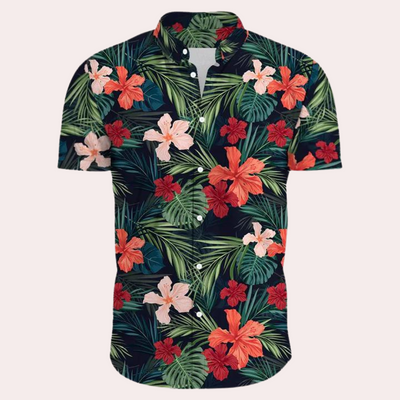 Herren Sommer-Poloshirt mit Hawaii-Print und Knöpfen