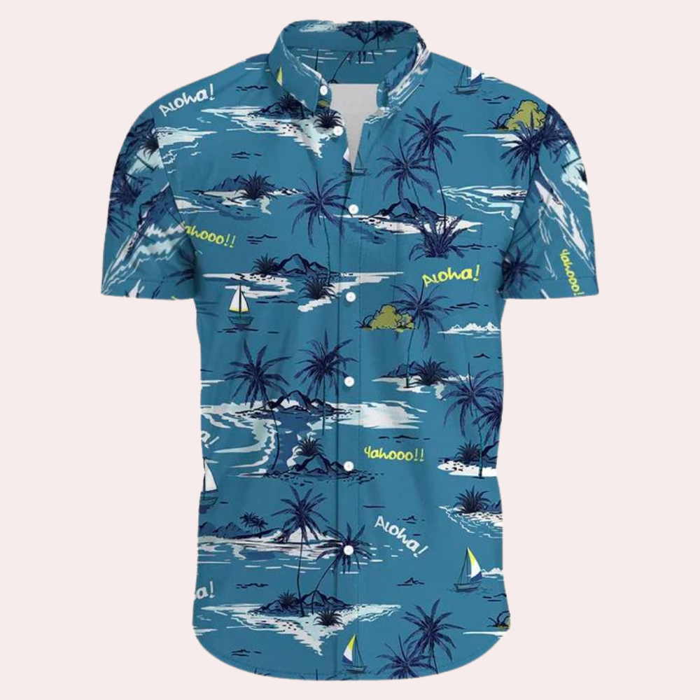 Herren Sommer-Poloshirt mit Hawaii-Print und Knöpfen