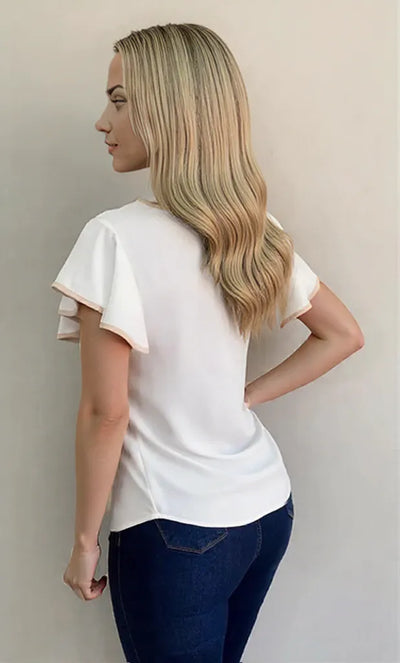 Carina – Damenoberteil Gekräuselte Ärmel Elegant In Orange Weiß Schwarz