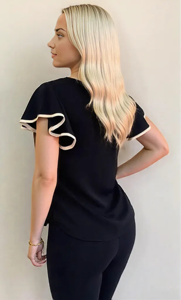 Carina – Damenoberteil Gekräuselte Ärmel Elegant In Orange Weiß Schwarz