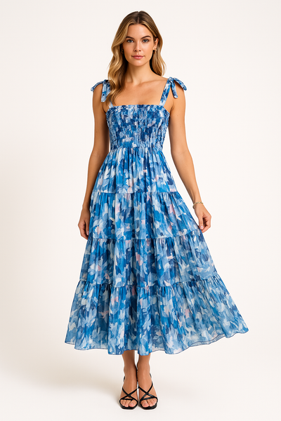 Asena- Damen Maxikleid Sommer mit Shirred Mieder und Blumendruck