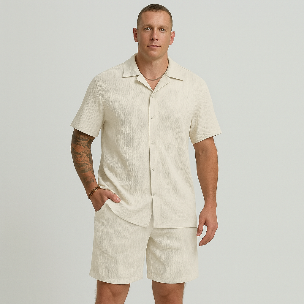 Lässiges Herren-Set – Kurzarmhemd mit Kragen und Shorts mit strukturiertem Karomuster