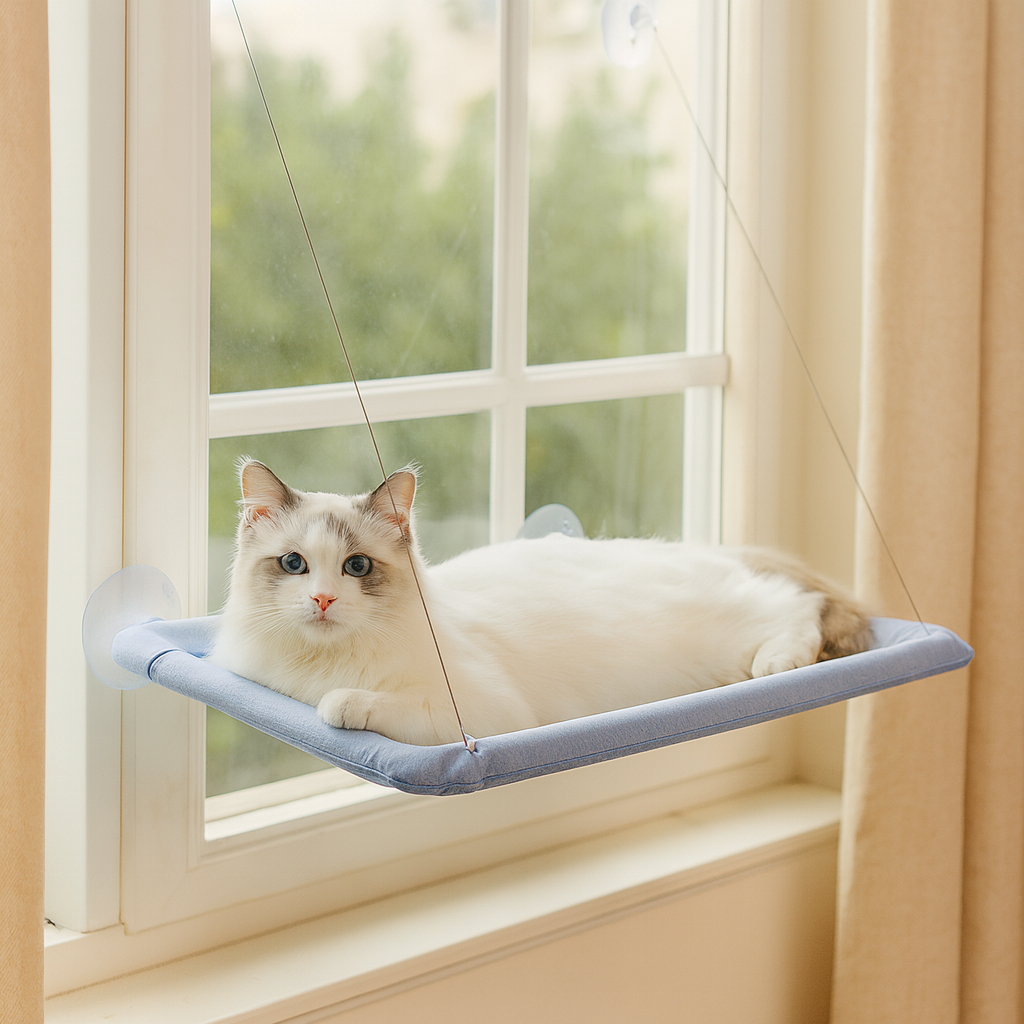 Gemütliche Katzenhängematte mit Fensterbefestigung