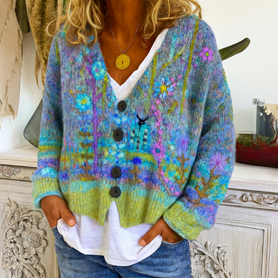 Damen-Strickjacke zum Knöpfen mit buntem Blumenmuster und V-Ausschnitt
